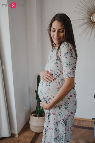 Sukienka ciążowa i do karmienia Two Ways LONG Milk&Love miętowa w magnolie i ptaki