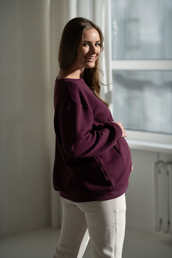 Hanorac pentru maternitate și alăptare Milk&Love, culoare mov și vin – mărime supradimensionată, cu fermoare ascunse, din jerseu de bumbac Oeko-Tex