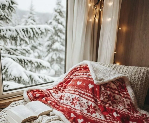 Pătură de Crăciun SACO roșie – moale și călduroasă cu model norvegian de zăpadă de zăpadă, într-o pungă decorativă