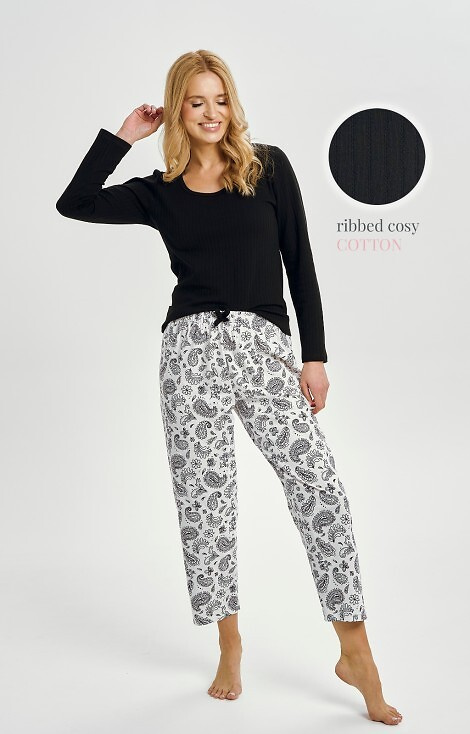 3454 Pijamale de dama Taro din bumbac, negru - maneci lungi, pantaloni cu model