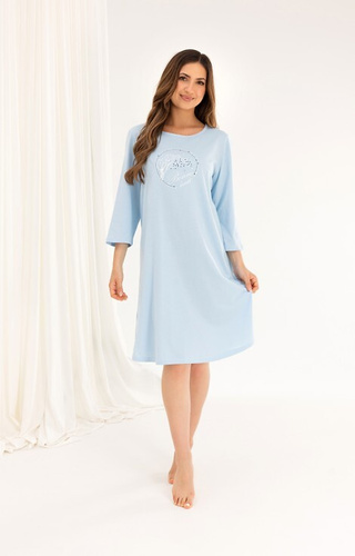 Cămașă de noapte din bumbac 167 albastru – mâneci 3/4, imprimeu, evazat, deasupra genunchiului