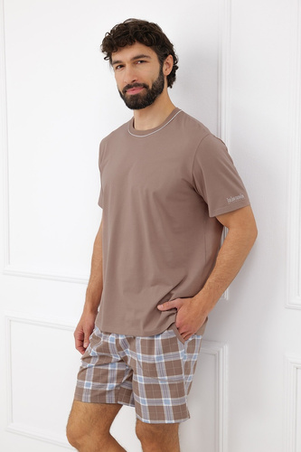 Pijamale bărbați Italian Fashion Dante bumbac scurt pantaloni scurți în carouri cu buzunare cappuccino
