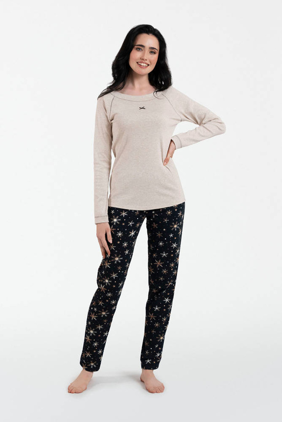 Denali Pijama de damă cu mânecă lungă, pantaloni lungi Italian Fashion- bej melange/print