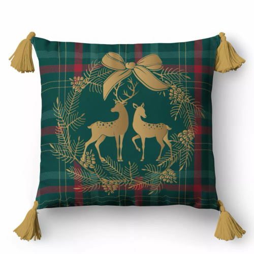 5380 Față de pernă decorativă Detexpol de Crăciun Deco cu un ren într-o cununiță pe un fundal în carouri - fermoar