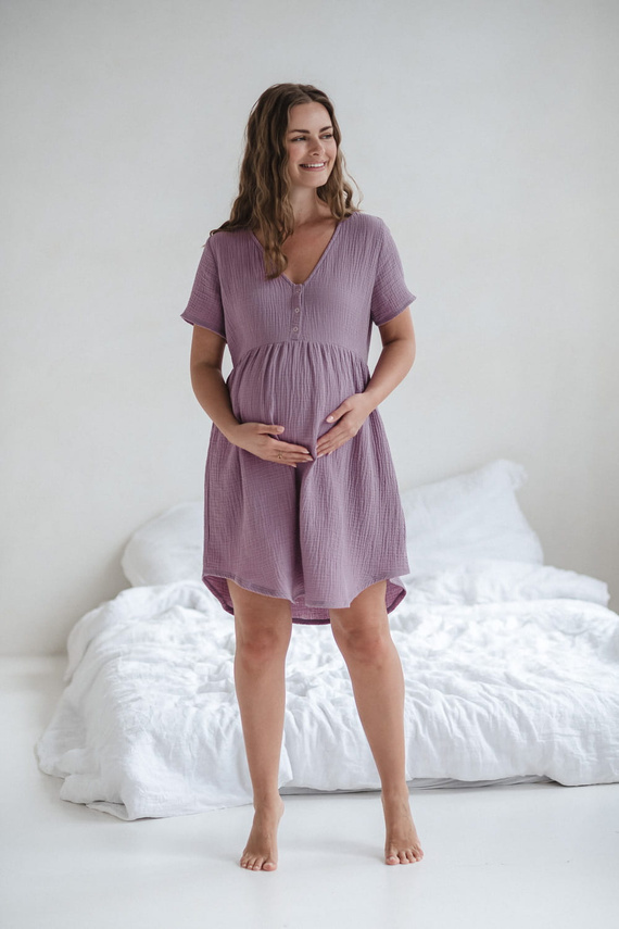 Cămașă de noapte de maternitate și alăptare din muselină Aurora Milk&Love lavanda