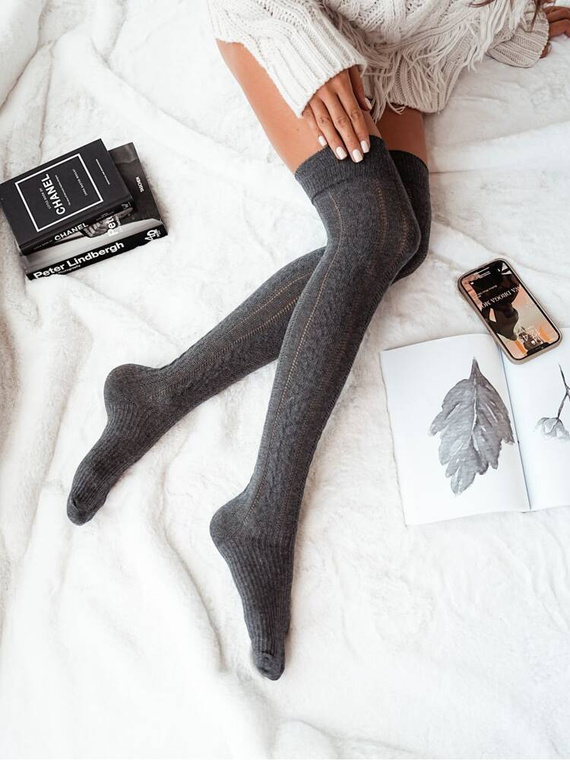 0347.001 Sosete până la genunchi Milena pentru femei cu împletitură ajurata - melange închis