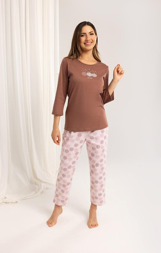 702 Pijamale din bumbac Regina maro – damă, mâneci 3/4, pantaloni cu model 7/8