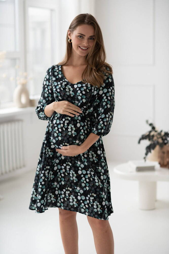Lovely Dress Rochie midi de maternitate si alaptare cu maneci 3/4 Milk&Love cu frunze de eucalipt