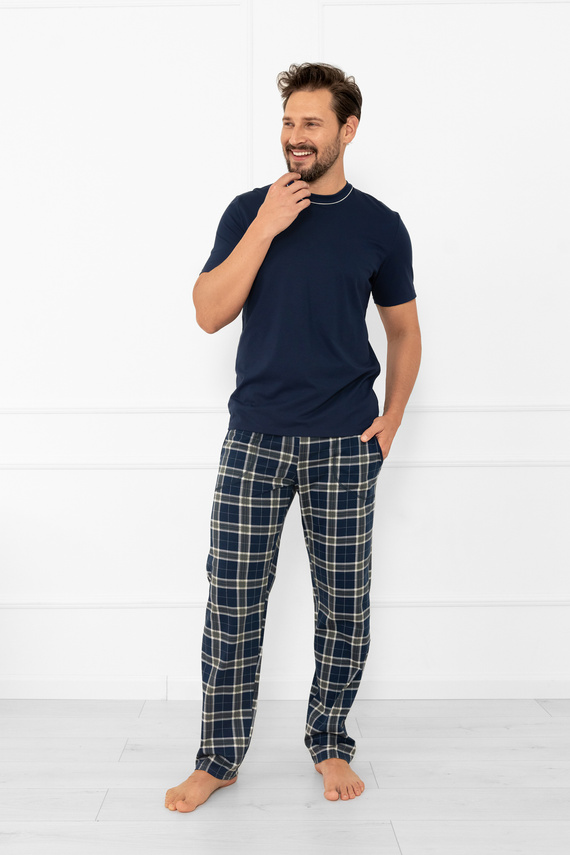 Pijama pentru bărbați Andreas - mânecă scurtă, pantaloni lungi, bumbac Modă italiană - albastru marin/print 
