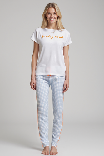 Pijamale dama Dana Sorbetto albastru - 100% bumbac, maneca scurta, pantaloni in carouri, set