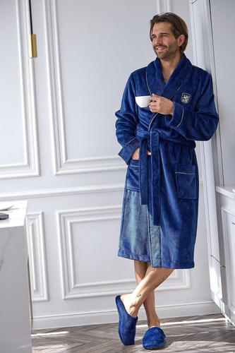 L&L 2661 Halat de baie elegant pentru bărbați, clasic, cu guler șal, moale, navy
