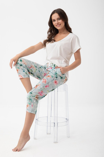 1306 Luna Pijama damă bumbac 7/8 cu buzunare și pantaloni florali