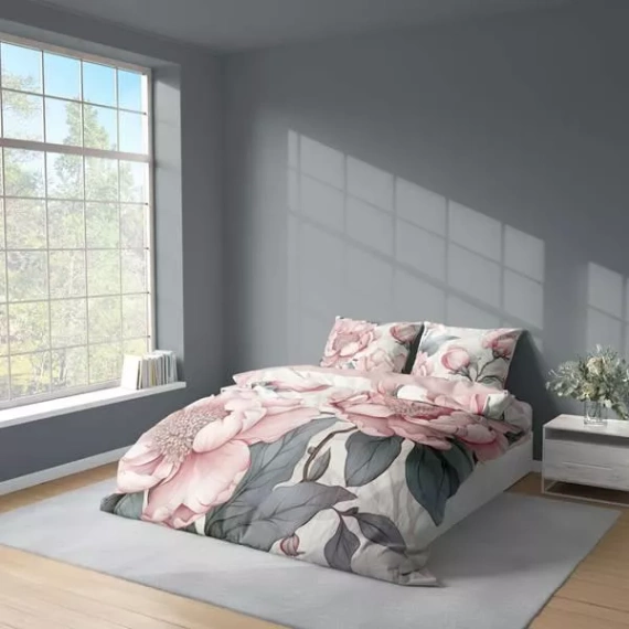 5428 Așternut 3D din microfibră cu bujori roz și frunze gri – Detexpol