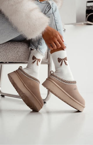 0118-014 Șosete de damă Milena ecru din bumbac, cu fundă, călduroase