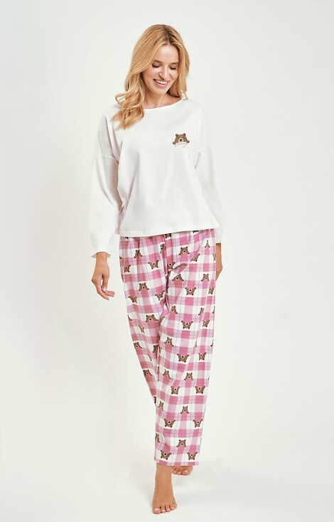 3441 Pijamale dama Astrid din bumbac Taro bej - maneci lungi, pantaloni de flanel in carouri