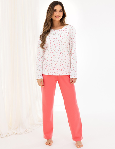Pijamale pentru femei 717 Regina, culoare coral – bumbac cald, mâneci lungi, flori