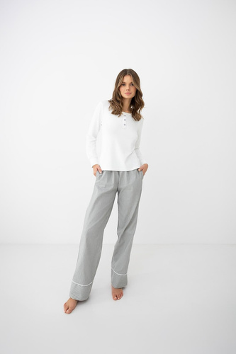 Sensis Salma pijama damă ecru-gri cu mânecă lungă și pantaloni cu dungi