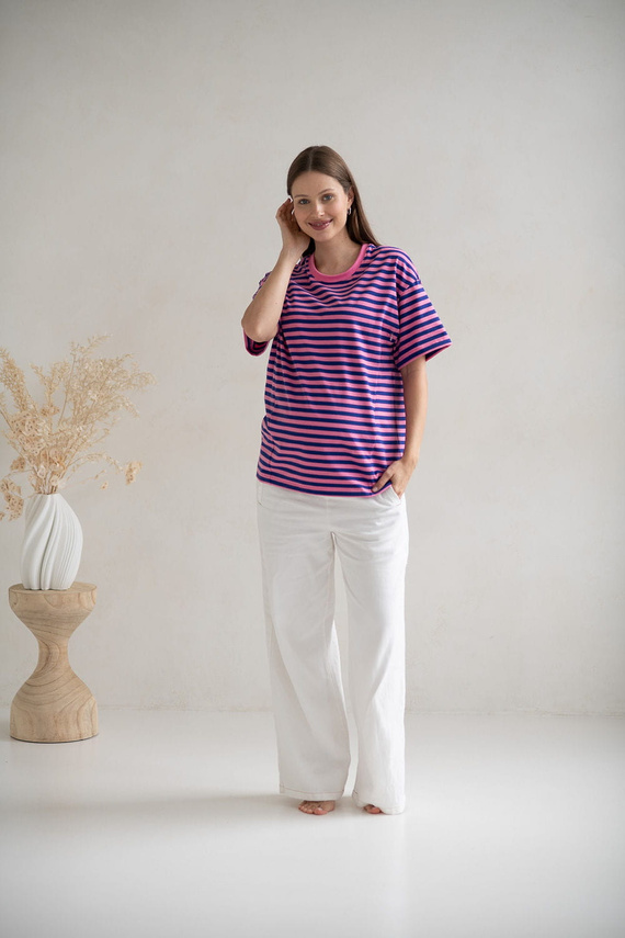 Tricou pentru maternitate și alăptare Mamahood Milk&Love, dungi roz și albastre - confortabil și elegant