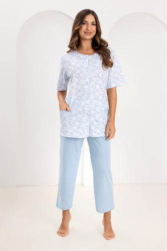 Pijamale de damă 727 Regina, albastre – 100% bumbac, în carouri, cămașă cu nasturi