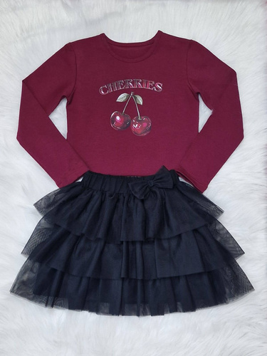 Bluză bordo din bumbac pentru fete, Cherries Bambarillo, cu mânecă lungă și imprimeu