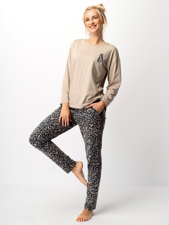 Pijama dama Key LNS 707, bej - bumbac, maneca lunga, eleganta