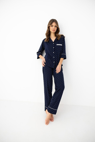 Pijamale damă Sensis bleumarin 100% bumbac, cu guler, nasturi, mâneci 3/4