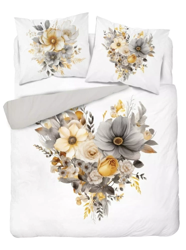 Set de lenjerie de pat 5125 A Holland Detexpol din bumbac, alb cu o inimă florală bej și gri – 100% bumbac, față-verso, producție poloneză