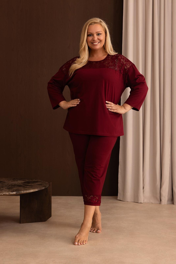 Pijamale damă Regina 4014 100% bumbac dantelă mânecă lungă 3/4 - bordo