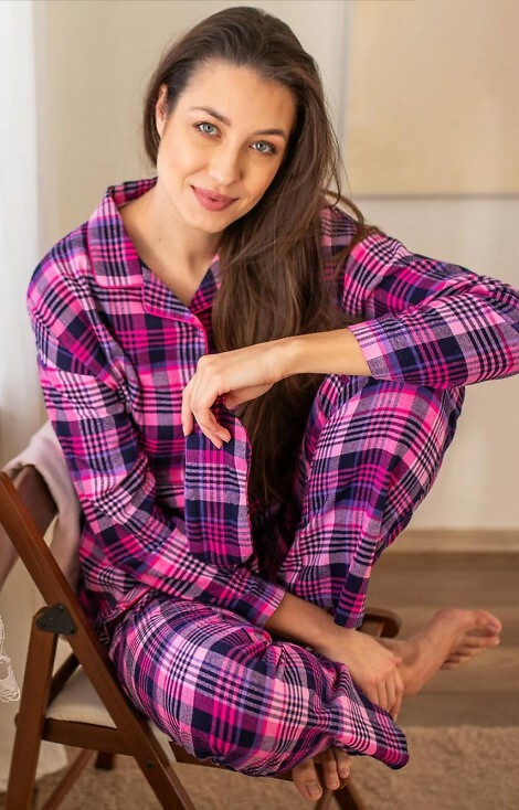 Key LNS 490 pijamale dama fuchsia - flanel de bumbac, maneci lungi, nasturi