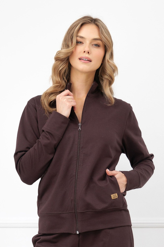 Bluza damă Credo Italian Fashion din bumbac, cu fermoar, guler tip tunică, buzunare - maro
