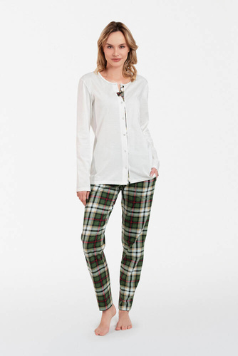 Asama Pijama de damă descheiată cu mânecă lungă, pantaloni lungi Italian Fashion - ecru/print