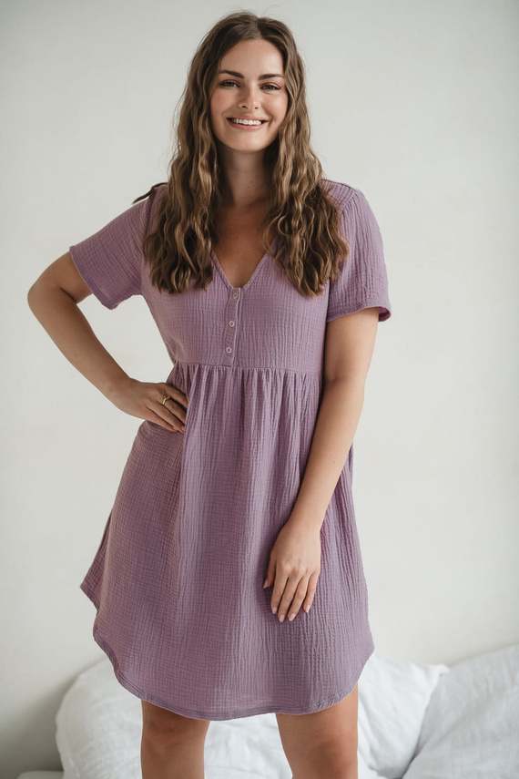 Cămașă de noapte de maternitate și alăptare din muselină Aurora Milk&Love lavanda