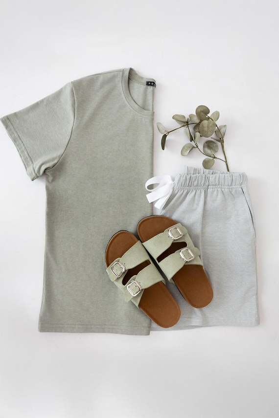 Pijama damă Sensis Yara khaki bumbac pantaloni scurți buzunare