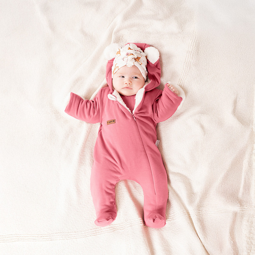 216270 Salopă de trening Lala Nicol Luna – salopetă roz pentru bebeluși cu urechi, mărimea 56-68