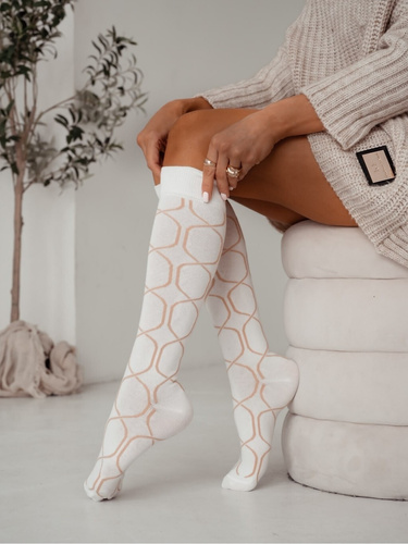 Milena 0248-017 ciorapi peste genunchi damă din bumbac, model decorativ, culoare ecru