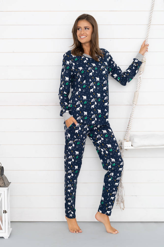 Ava Ladies' pijama cu mânecă lungă și pantaloni Italian Fashion - imprimeu albastru marin