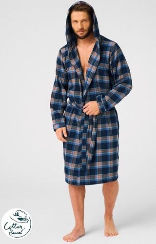 Halat de baie pentru bărbați MGL 431 Key jeans - în carouri, moale, guler șal