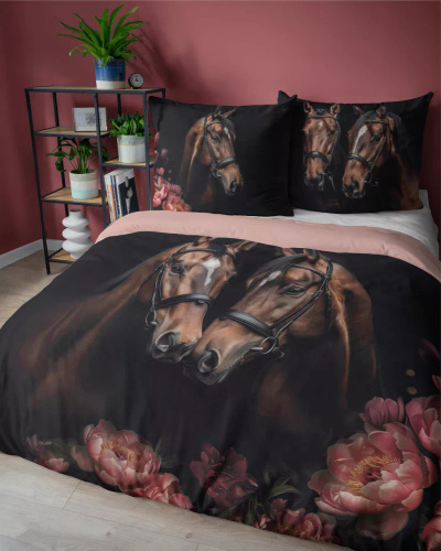 5295 A Holland Lenjerie de pat bumbac cai flori Detexpol negru