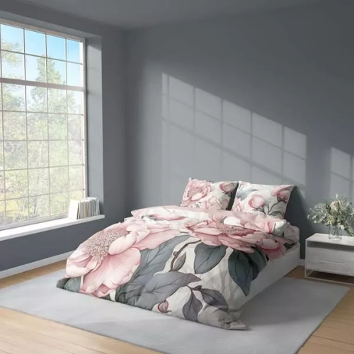 5428 Așternut 3D din microfibră cu bujori roz și frunze gri – Detexpol