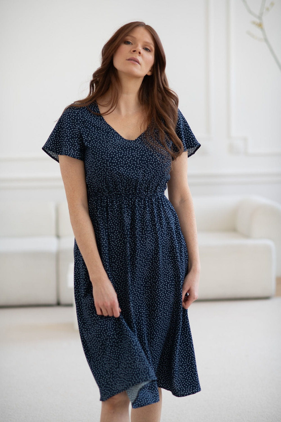 Lovely Dress Rochie midi de maternitate si alaptare, maneca scurta, Milk&Love, bleumarin cu buline