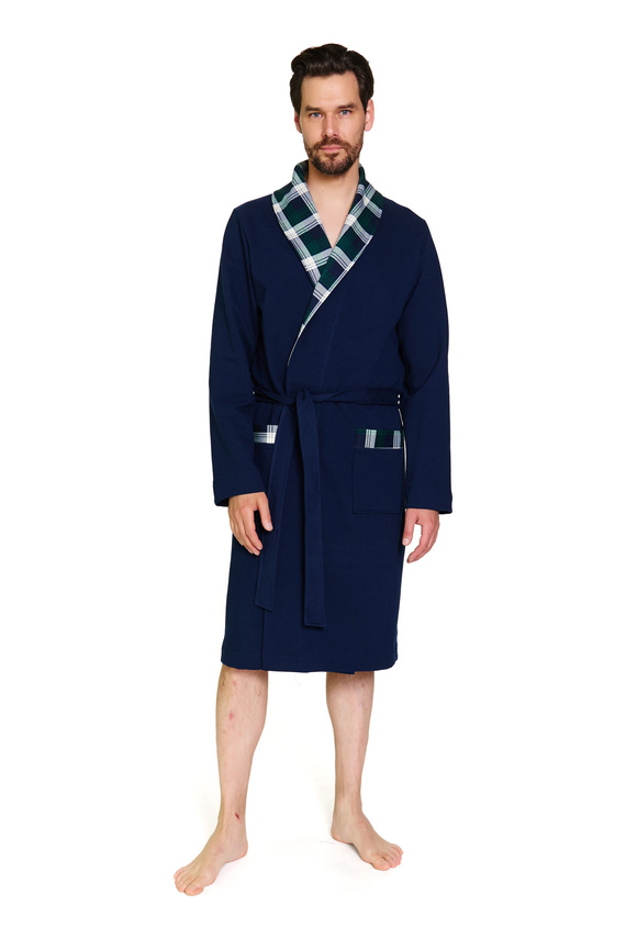 7366 Doctor Nap | Halat de baie premium pentru bărbați bleumarin cu finisaj în carouri - 100% bumbac - bleumarin
