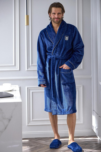 L&L 2661 Halat de baie elegant pentru bărbați, clasic, cu guler șal, moale, navy