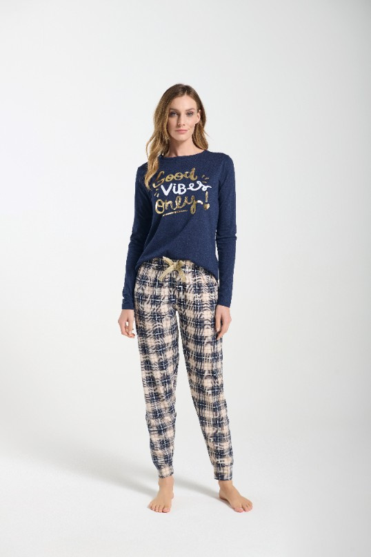 Pijamale de dama Bessy Sorbetto, bleumarin - tricot, imprimeu auriu, pantaloni in carouri