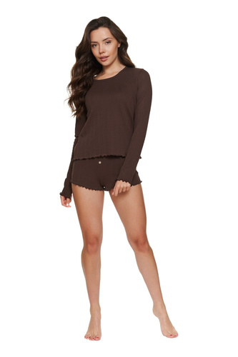 Pijamale damă Doctor Nap 7544 Choco 100% bumbac mânecă lungă pantaloni scurți