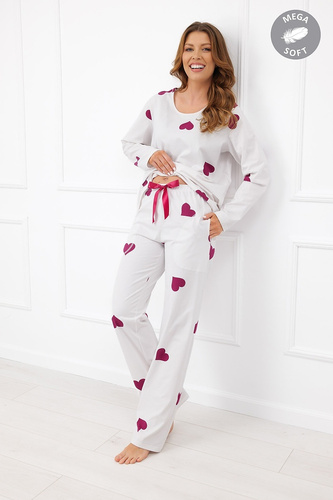 Italian Fashion Kioga pijama damă Mega Soft lungă ecru cu inimi bordo
