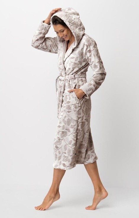 Halat de baie pentru femei LGL 545 Key ecru-mocca – moale, cu glugă, legat în talie