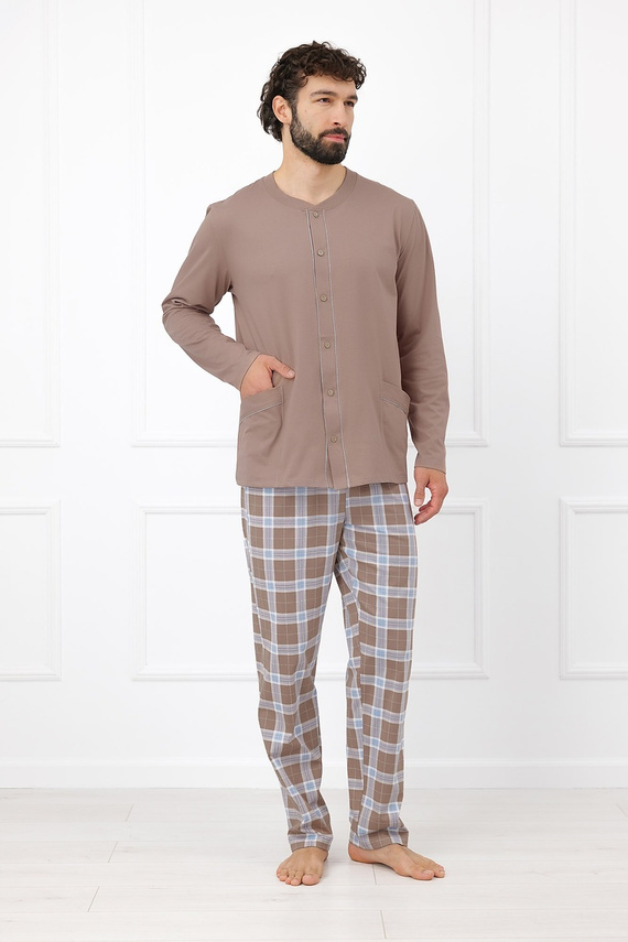 Italian Fashion Wilhelm pijama bărbați 100% bumbac nasturi carouri - cappuccino