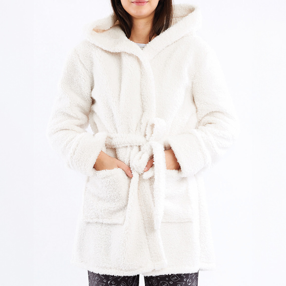 Halat de baie pentru femei Igrid Sorbetto - Alb, pufos cu glugă tip ursuleț de pluș