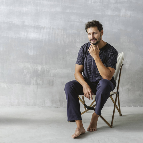 Ricardo Pijama cu mânecă scurtă pentru bărbați, pantaloni lungi Italian Fashion - albastru marin