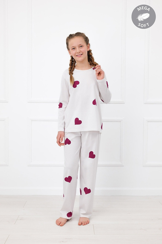 Italian Fashion Kioga pijama fete Mega Soft lungă ecru cu inimioare